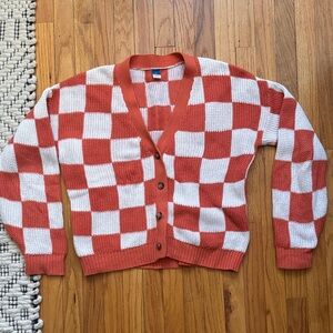 Old Navy Girls Orange and White Checkered Cardigan